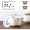 imageAmorArc 24 Ounces Soup Bowls with Large Handles and Lids Stoneware Bowls Set of 4 for SoupStew Noodle Ceramic Kitchen Bowls With Embossed Patterns MicrowaveampampDishwasher Safe Light BeigeLight BeigeGeometric
