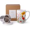 imageAmorArc Porcelain Tea Mug with Infuser and Lids 18 Oz Large Cup Strainer with Bag Holder for Loose Leaf Tea Steeping Coffee Mug for Housewarming Wedding Birthday GiftTulips