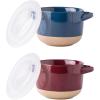 imageAmorArc 24 Ounces Soup Bowls with Large Handles and Lids Stoneware Bowls Set of 4 for SoupStew Noodle Ceramic Kitchen Bowls With Embossed Patterns MicrowaveampampDishwasher Safe Light BeigeBlueRed