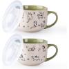 imageAmorArc 32 Ounces Ceramic Soup Mugs with Lids and Handle Stoneware Bowls Cup Set of 2 for Soup Stew Noodle Beautiful Mug Bowls With Lovely DogCat Patterns MicrowaveampampDishwasher Safe OliveOlive