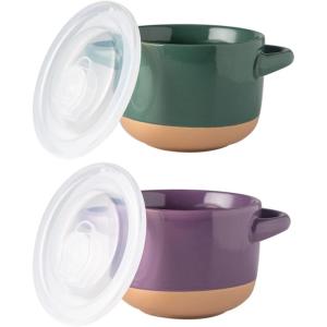 imageAmorArc 24 Ounces Soup Bowls with Large Handles and Lids Stoneware Bowls Set of 4 for SoupStew Noodle Ceramic Kitchen Bowls With Embossed Patterns MicrowaveampampDishwasher Safe Light BeigeGreenPurple