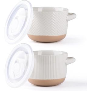 imageAmorArc 24 Ounces Soup Bowls with Large Handles and Lids Stoneware Bowls Set of 4 for SoupStew Noodle Ceramic Kitchen Bowls With Embossed Patterns MicrowaveampampDishwasher Safe Light BeigeLight BeigeLine 