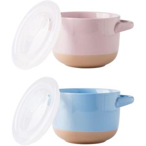 imageAmorArc 24 Ounces Soup Bowls with Large Handles and Lids Stoneware Bowls Set of 4 for SoupStew Noodle Ceramic Kitchen Bowls With Embossed Patterns MicrowaveampampDishwasher Safe Light BeigePink Sky Blue