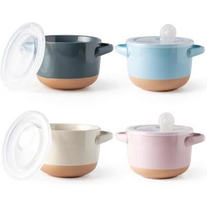 imageAmorArc 24 Ounces Soup Bowls with Large Handles and Lids Stoneware Bowls Set of 4 for SoupStew Noodle Ceramic Kitchen Bowls With Embossed Patterns MicrowaveampampDishwasher Safe Light BeigeMultiColor1