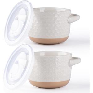imageAmorArc 24 Ounces Soup Bowls with Large Handles and Lids Stoneware Bowls Set of 4 for SoupStew Noodle Ceramic Kitchen Bowls With Embossed Patterns MicrowaveampampDishwasher Safe Light BeigeLight BeigeGeometric