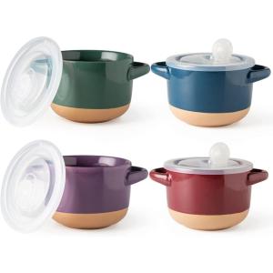 imageAmorArc 24 Ounces Soup Bowls with Large Handles and Lids Stoneware Bowls Set of 4 for SoupStew Noodle Ceramic Kitchen Bowls With Embossed Patterns MicrowaveampampDishwasher Safe Light BeigeMultiColor2