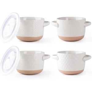 imageAmorArc 24 Ounces Soup Bowls with Large Handles and Lids Stoneware Bowls Set of 4 for SoupStew Noodle Ceramic Kitchen Bowls With Embossed Patterns MicrowaveampampDishwasher Safe Light BeigeLight Beige