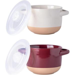 imageAmorArc 24 Ounces Soup Bowls with Large Handles and Lids Stoneware Bowls Set of 4 for SoupStew Noodle Ceramic Kitchen Bowls With Embossed Patterns MicrowaveampampDishwasher Safe Light BeigeRedBeige