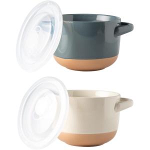 imageAmorArc 24 Ounces Soup Bowls with Large Handles and Lids Stoneware Bowls Set of 4 for SoupStew Noodle Ceramic Kitchen Bowls With Embossed Patterns MicrowaveampampDishwasher Safe Light BeigeBeigeGray
