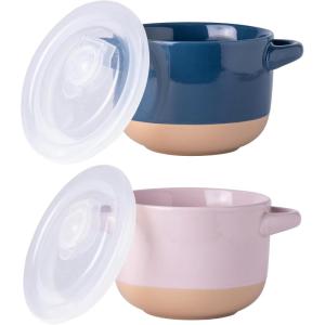 imageAmorArc 24 Ounces Soup Bowls with Large Handles and Lids Stoneware Bowls Set of 4 for SoupStew Noodle Ceramic Kitchen Bowls With Embossed Patterns MicrowaveampampDishwasher Safe Light BeigeBluePink