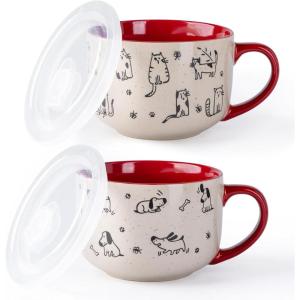 imageAmorArc 32 Ounces Ceramic Soup Mugs with Lids and Handle Stoneware Bowls Cup Set of 2 for Soup Stew Noodle Beautiful Mug Bowls With Lovely DogCat Patterns MicrowaveampampDishwasher Safe OliveRed