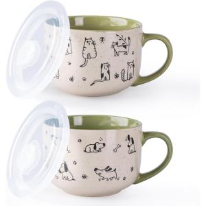 imageAmorArc 32 Ounces Ceramic Soup Mugs with Lids and Handle Stoneware Bowls Cup Set of 2 for Soup Stew Noodle Beautiful Mug Bowls With Lovely DogCat Patterns MicrowaveampampDishwasher Safe OliveOlive