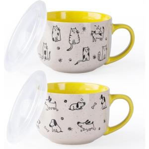 imageAmorArc 32 Ounces Ceramic Soup Mugs with Lids and Handle Stoneware Bowls Cup Set of 2 for Soup Stew Noodle Beautiful Mug Bowls With Lovely DogCat Patterns MicrowaveampampDishwasher Safe OliveYellow