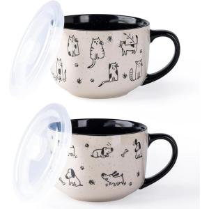 imageAmorArc 32 Ounces Ceramic Soup Mugs with Lids and Handle Stoneware Bowls Cup Set of 2 for Soup Stew Noodle Beautiful Mug Bowls With Lovely DogCat Patterns MicrowaveampampDishwasher Safe OliveBlack