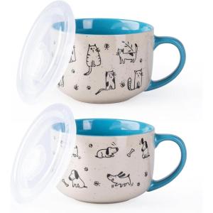 imageAmorArc 32 Ounces Ceramic Soup Mugs with Lids and Handle Stoneware Bowls Cup Set of 2 for Soup Stew Noodle Beautiful Mug Bowls With Lovely DogCat Patterns MicrowaveampampDishwasher Safe OliveBlue