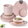 imageAmorArc Ceramic Dinnerware Sets Handpainted Plates and Bowls Set with Rustic Terracotta Underside Scratch Resistant Stoneware Dishes Set Dishwasher ampamp Microwave SafeCloud Pink