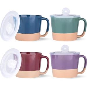 imageAmorArc 24 Ounces Soup Bowls with Large Handles and Lids Stoneware Bowls for Soup Cereal Stew Noodle Colourful Ceramic Kitchen Bowls Microwave ampamp Dishwasher Safe MultiColor2 Set of 2Multicolor