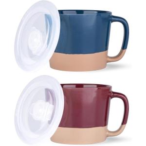 imageAmorArc 24 Ounces Soup Bowls with Large Handles and Lids Stoneware Bowls for Soup Cereal Stew Noodle Colourful Ceramic Kitchen Bowls Microwave ampamp Dishwasher Safe MultiColor2 Set of 2Blue  Red