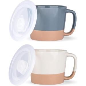 imageAmorArc 24 Ounces Soup Bowls with Large Handles and Lids Stoneware Bowls for Soup Cereal Stew Noodle Colourful Ceramic Kitchen Bowls Microwave ampamp Dishwasher Safe MultiColor2 Set of 2Beige  Gray