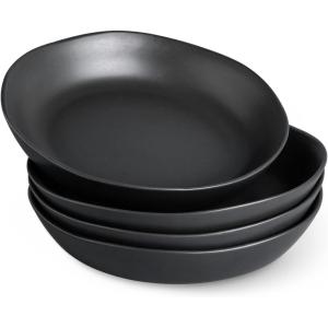 imageAmorArc 975 Ceramic Large Pasta Bowls 38oz Stoneware Flat Serving Bowls Set of 4 OvenMicrowaveampampDishwasher Safe Bowls with Wavy Rim for Fruit Pasta Salad Meal Matte WhiteMatte Black