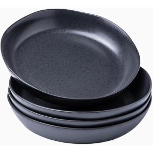 imageAmorArc 975 Ceramic Large Pasta Bowls 38oz Stoneware Flat Serving Bowls Set of 4 OvenMicrowaveampampDishwasher Safe Bowls with Wavy Rim for Fruit Pasta Salad Meal Matte WhiteSpeckled Black