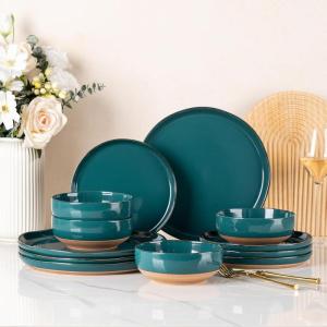 imageAmorArc Ceramic Dinnerware Sets Handpainted Plates and Bowls Set with Rustic Terracotta Underside Scratch Resistant Stoneware Dishes Set Dishwasher ampamp Microwave SafeDeep GreenHandbrush Rim