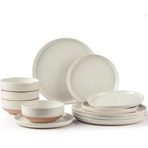 imageAmorArc Ceramic Dinnerware Sets Handpainted Plates and Bowls Set with Rustic Terracotta Underside Scratch Resistant Stoneware Dishes Set Dishwasher ampamp Microwave SafeLight Beige