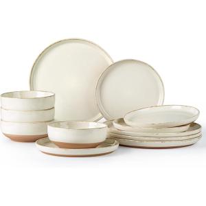imageAmorArc Ceramic Dinnerware Sets Handpainted Plates and Bowls Set with Rustic Terracotta Underside Scratch Resistant Stoneware Dishes Set Dishwasher ampamp Microwave SafeLight BeigeHandbrush Rim