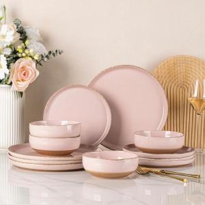 imageAmorArc Ceramic Dinnerware Sets Handpainted Plates and Bowls Set with Rustic Terracotta Underside Scratch Resistant Stoneware Dishes Set Dishwasher ampamp Microwave SafeCloud PinkHandbrush Rim