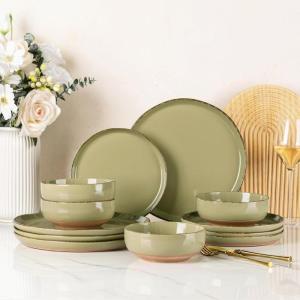 imageAmorArc Ceramic Dinnerware Sets Handpainted Plates and Bowls Set with Rustic Terracotta Underside Scratch Resistant Stoneware Dishes Set Dishwasher ampamp Microwave SafeOlive GreenHandbrush Rim
