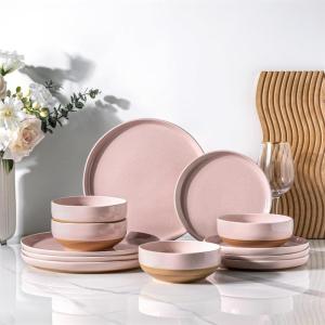 imageAmorArc Ceramic Dinnerware Sets Handpainted Plates and Bowls Set with Rustic Terracotta Underside Scratch Resistant Stoneware Dishes Set Dishwasher ampamp Microwave SafeCloud Pink