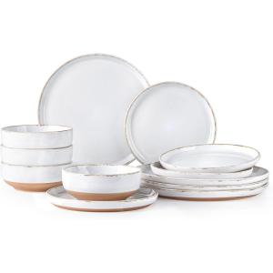 imageAmorArc Ceramic Dinnerware Sets Handpainted Plates and Bowls Set with Rustic Terracotta Underside Scratch Resistant Stoneware Dishes Set Dishwasher ampamp Microwave SafeWhiteHandbrush Rim