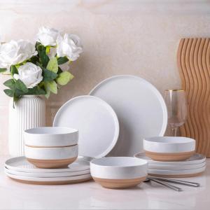 imageAmorArc Ceramic Dinnerware Sets Handpainted Plates and Bowls Set with Rustic Terracotta Underside Scratch Resistant Stoneware Dishes Set Dishwasher ampamp Microwave SafeWhite
