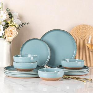 imageAmorArc Ceramic Dinnerware Sets Handpainted Plates and Bowls Set with Rustic Terracotta Underside Scratch Resistant Stoneware Dishes Set Dishwasher ampamp Microwave SafeStone BlueHandbrush Rim