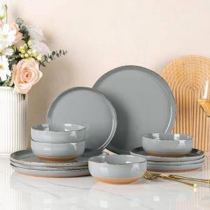 imageAmorArc Ceramic Dinnerware Sets Handpainted Plates and Bowls Set with Rustic Terracotta Underside Scratch Resistant Stoneware Dishes Set Dishwasher ampamp Microwave SafeLimestoneHandbrush Rim