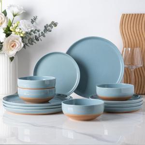imageAmorArc Ceramic Dinnerware Sets Handpainted Plates and Bowls Set with Rustic Terracotta Underside Scratch Resistant Stoneware Dishes Set Dishwasher ampamp Microwave SafeStone Blue