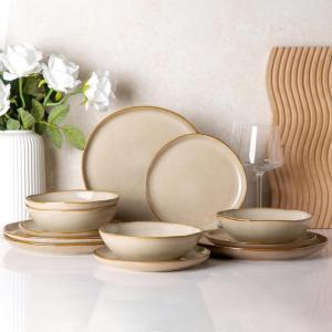 imageAmorArc Ceramic Dinnerware SetsHandmade Reactive Glaze Stoneware Plates and Bowls SetHighly Scratch Resistant  Dishwasher ampamp Microwave Safe Dishes SetService for 4 12pcLatte