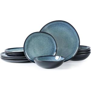 imageAmorArc Ceramic Dinnerware SetsHandmade Reactive Glaze Stoneware Plates and Bowls SetHighly Scratch Resistant  Dishwasher ampamp Microwave Safe Dishes SetService for 4 12pcMatte Ceylon Blue