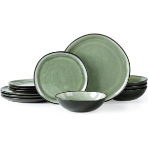 imageAmorArc Ceramic Dinnerware SetsHandmade Reactive Glaze Stoneware Plates and Bowls SetHighly Scratch Resistant  Dishwasher ampamp Microwave Safe Dishes SetService for 4 12pcMatte Olive Green