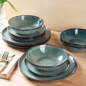 imageAmorArc Ceramic Dinnerware SetsHandmade Reactive Glaze Stoneware Plates and Bowls SetHighly Scratch Resistant  Dishwasher ampamp Microwave Safe Dishes SetService for 4 12pcVintage Blue