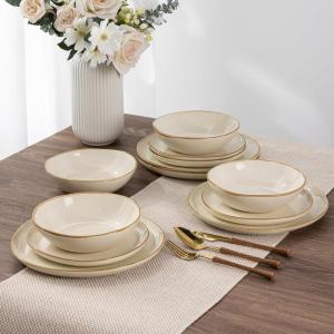 imageAmorArc Ceramic Dinnerware SetsHandmade Reactive Glaze Stoneware Plates and Bowls SetHighly Scratch Resistant  Dishwasher ampamp Microwave Safe Dishes SetService for 4 12pcBeige