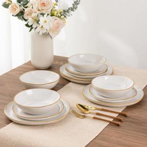 imageAmorArc Ceramic Dinnerware SetsHandmade Reactive Glaze Stoneware Plates and Bowls SetHighly Scratch Resistant  Dishwasher ampamp Microwave Safe Dishes SetService for 4 12pcWhite