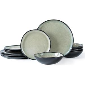 imageAmorArc Ceramic Dinnerware SetsHandmade Reactive Glaze Stoneware Plates and Bowls SetHighly Scratch Resistant  Dishwasher ampamp Microwave Safe Dishes SetService for 4 12pcMatte Reactive Glaze