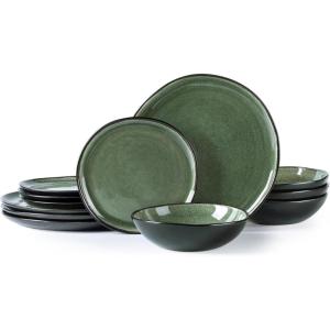 imageAmorArc Ceramic Dinnerware SetsHandmade Reactive Glaze Stoneware Plates and Bowls SetHighly Scratch Resistant  Dishwasher ampamp Microwave Safe Dishes SetService for 4 12pcMatte Jade Green
