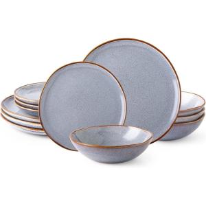 imageAmorArc Ceramic Dinnerware SetsHandmade Reactive Glaze Stoneware Plates and Bowls SetHighly Scratch Resistant  Dishwasher ampamp Microwave Safe Dishes SetService for 4 12pcReactive Blue