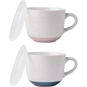 imageAmorArc Ceramic Soup Mugs with Lid 24 oz Large Soup Cups with Hanlde for Coffee Cereal Salad Noodles Tea Soup Bowls Cups MicrowaveampampDishwasher Safe Set of 2 Mix 24oz  Set of 2Pink  Blue