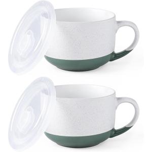 imageAmorArc Ceramic Soup Mugs with Lid 24 oz Large Soup Cups with Hanlde for Coffee Cereal Salad Noodles Tea Soup Bowls Cups MicrowaveampampDishwasher Safe Set of 2 Mix 24oz  Set of 2Green