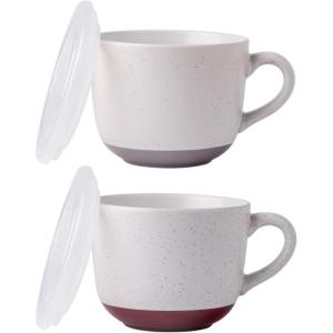 imageAmorArc Ceramic Soup Mugs with Lid 24 oz Large Soup Cups with Hanlde for Coffee Cereal Salad Noodles Tea Soup Bowls Cups MicrowaveampampDishwasher Safe Set of 2 Mix 24oz  Set of 2Gray  Red