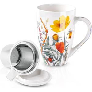 imageAmorArc Porcelain Tea Mug with Infuser and Lid 18 Oz Tea Cup with Handle for Loose Leaf Tea Gift for Tea Lovers of Men and WomenTulips