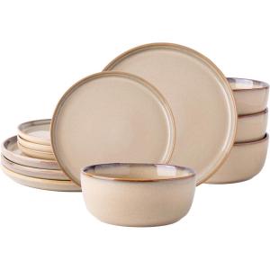 imageAmorArc Ceramic Dinnerware Sets for 4Round Reactive Glaze Stoneware Plates and Bowls SetHighly Scratch Resistant Dishware  Dishwasher ampamp Microwave Safe Dishes SetService for 4 12pcLatte Color